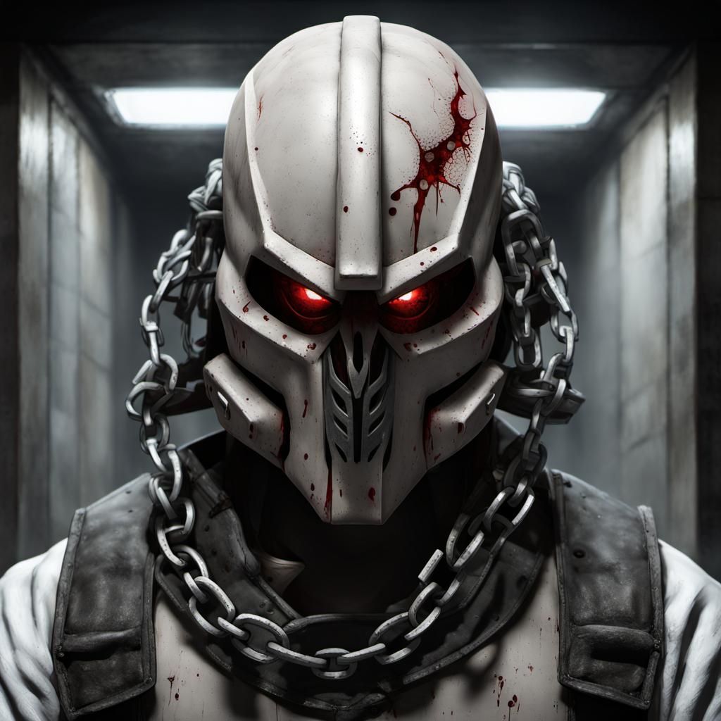 Terrifying Armored Figure in Dark Cell: Digital Art