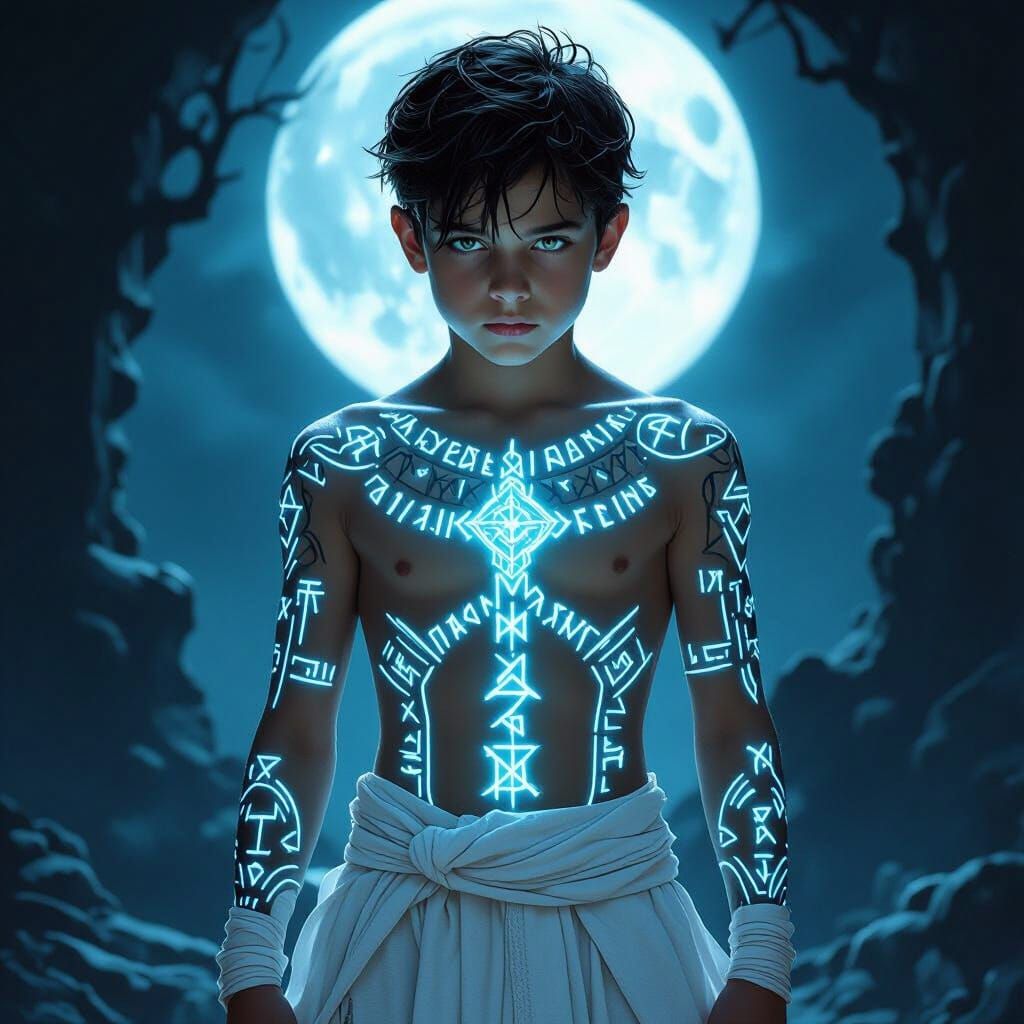 Boy with Glowing Rune Tattoos in Dark Fantasy Style