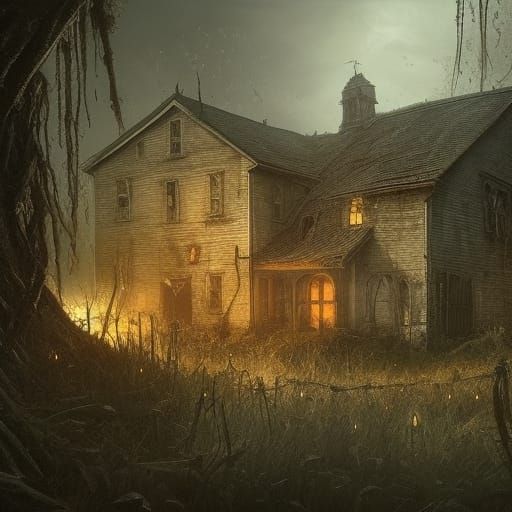 Overgrown Farmhouse with Hanging Corpses: Dark Fantasy Art