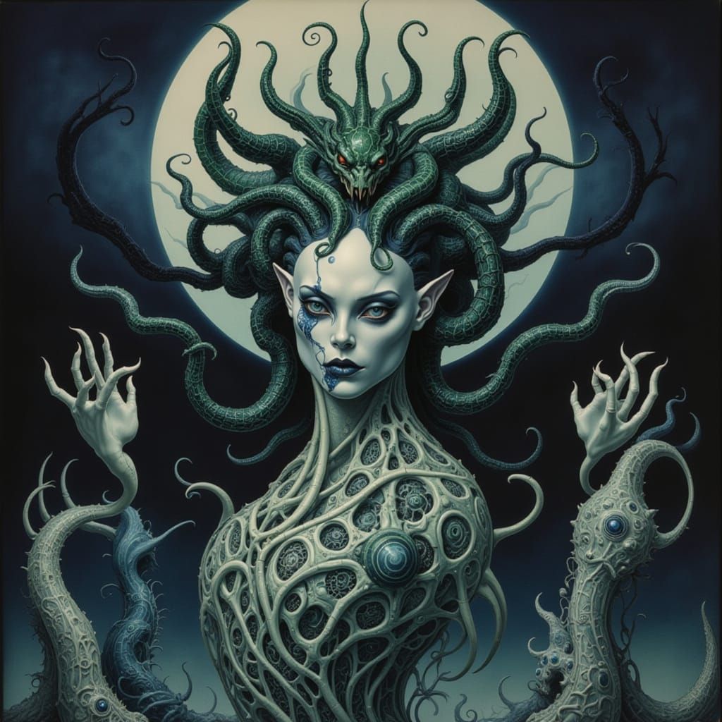 Medusa with Snake Hair in Ethereal Moonlight