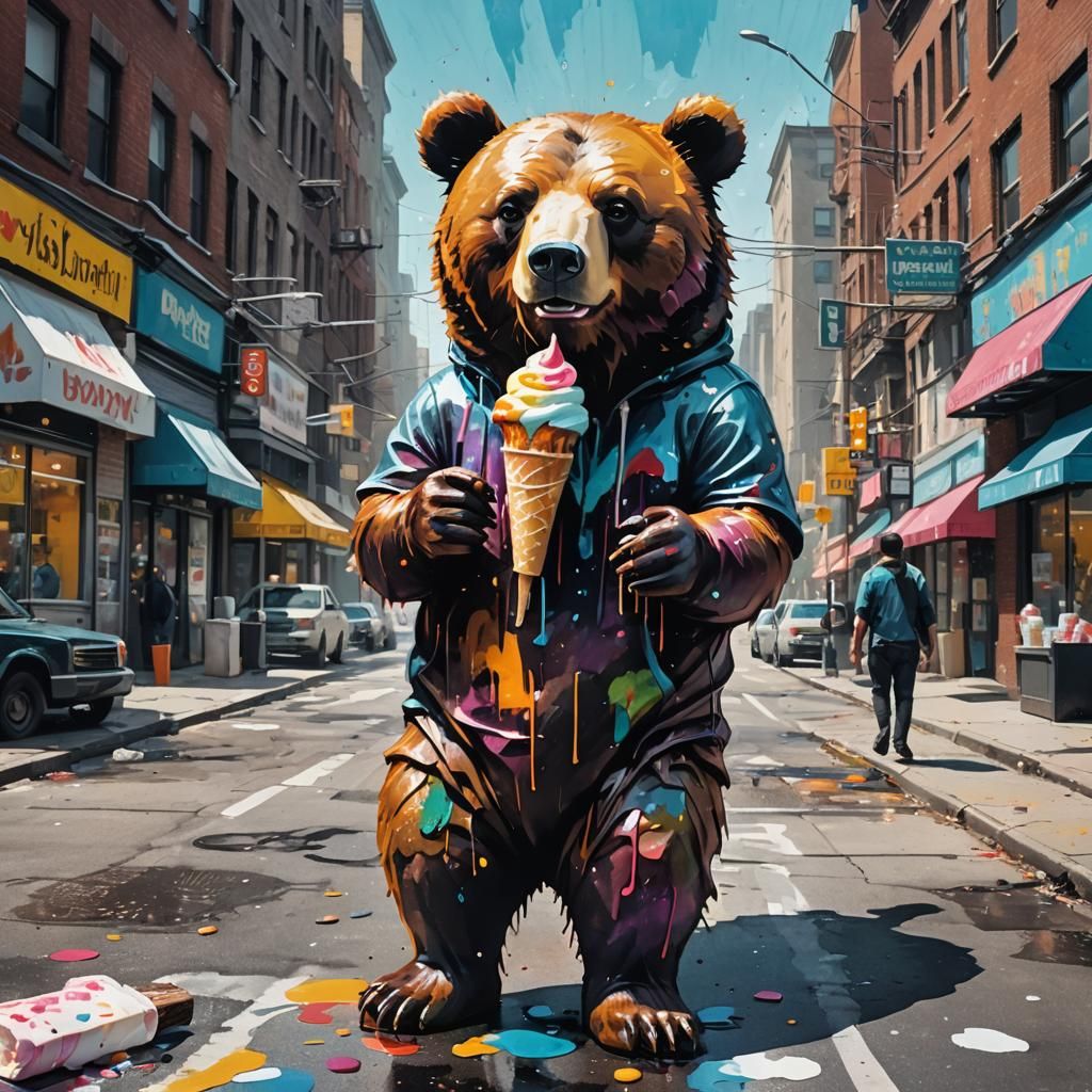 Bear with Ice Cream in Urban Surrealism Style