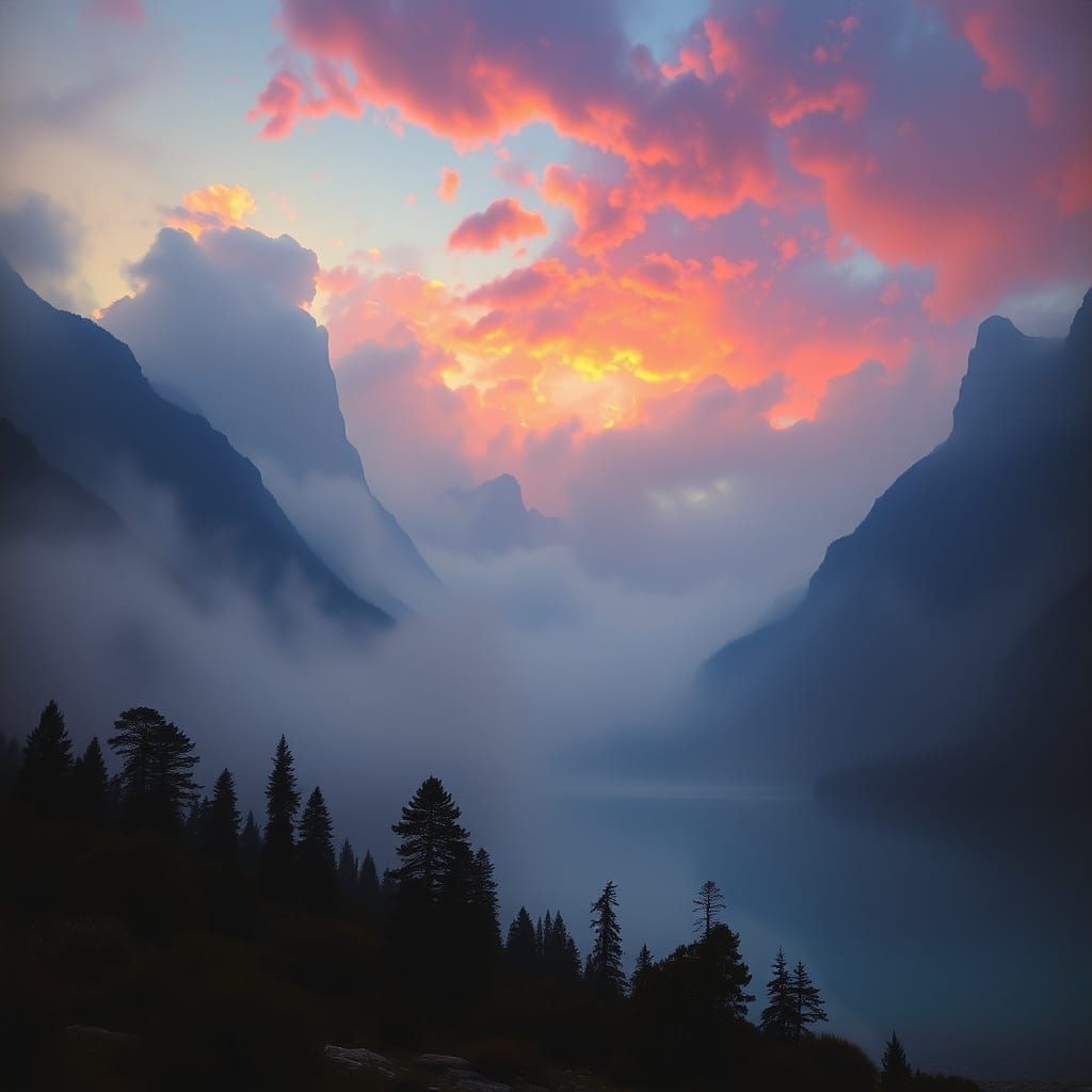 Romantic Misty Mountain Landscape at Twilight