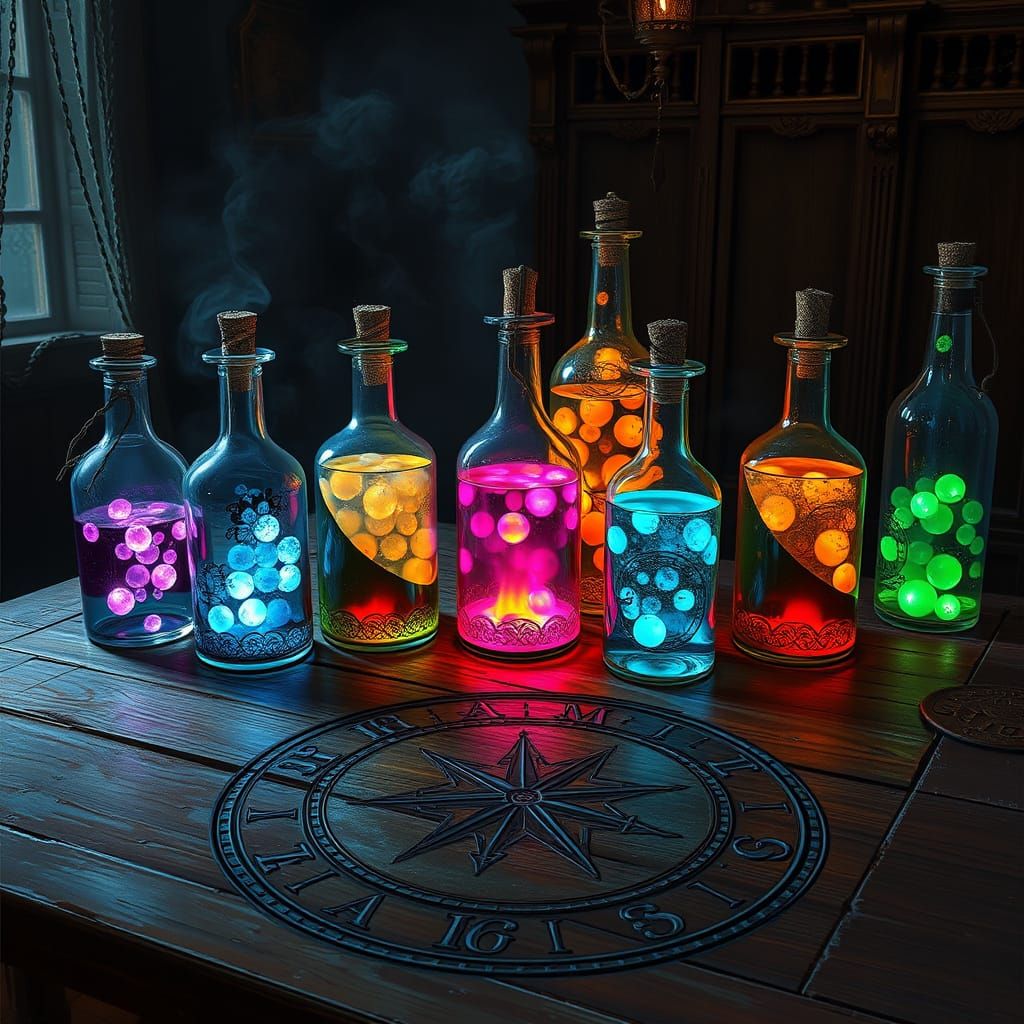 Glowing Magical Potions on Ancient Table