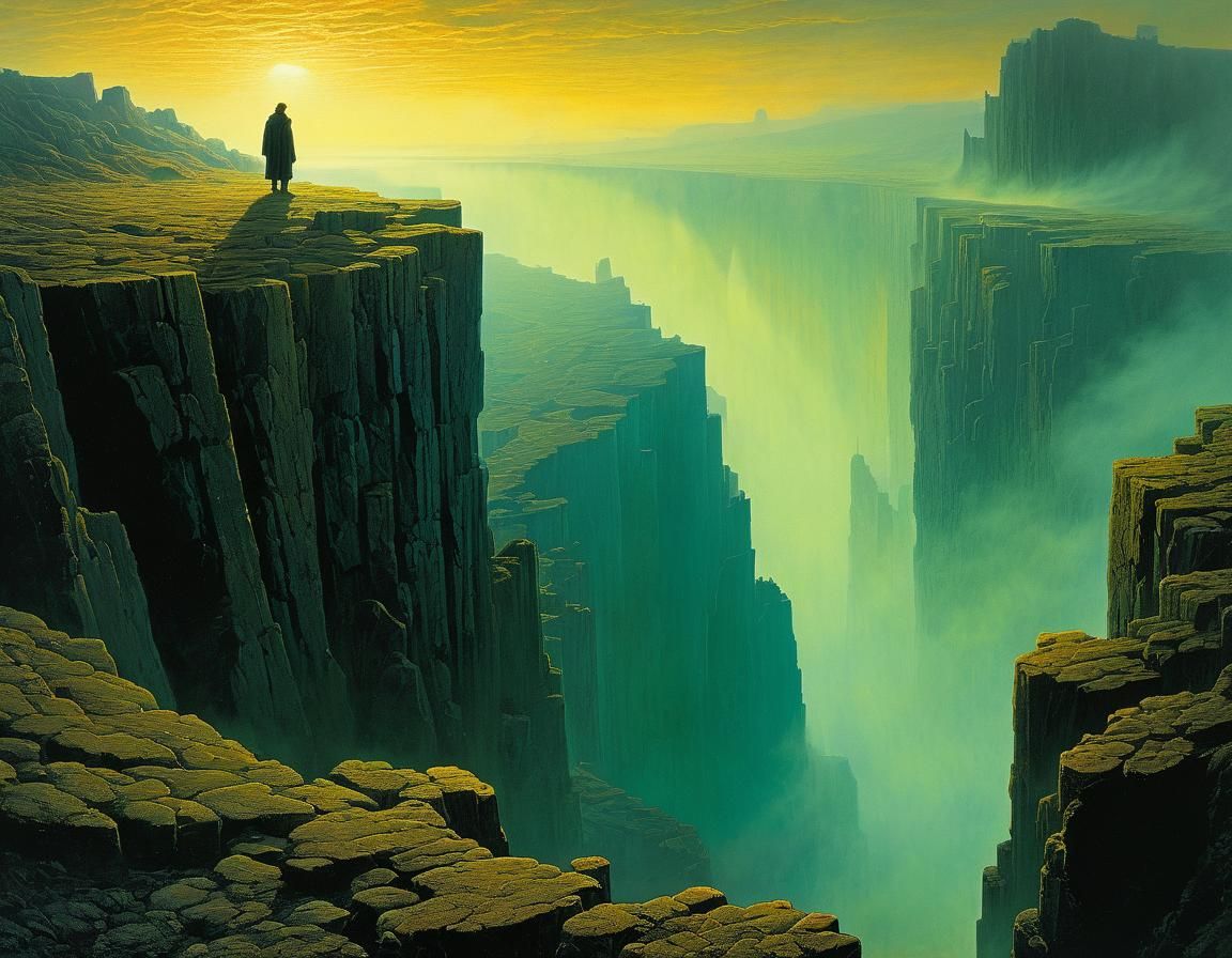 Explorer Above Basalt Lake in Quarry, Surrealist Style