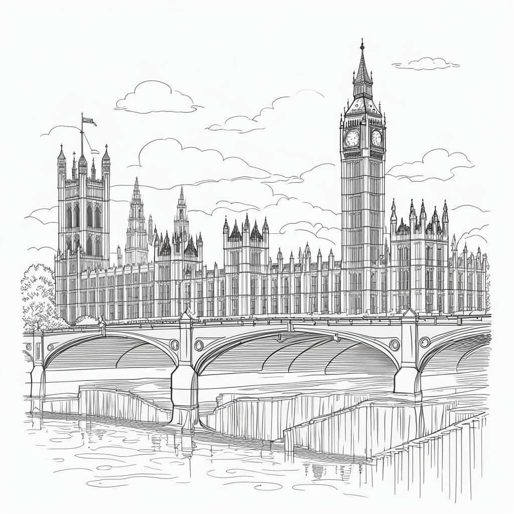 Stylized Illustration of London's Iconic Landmarks in Black...