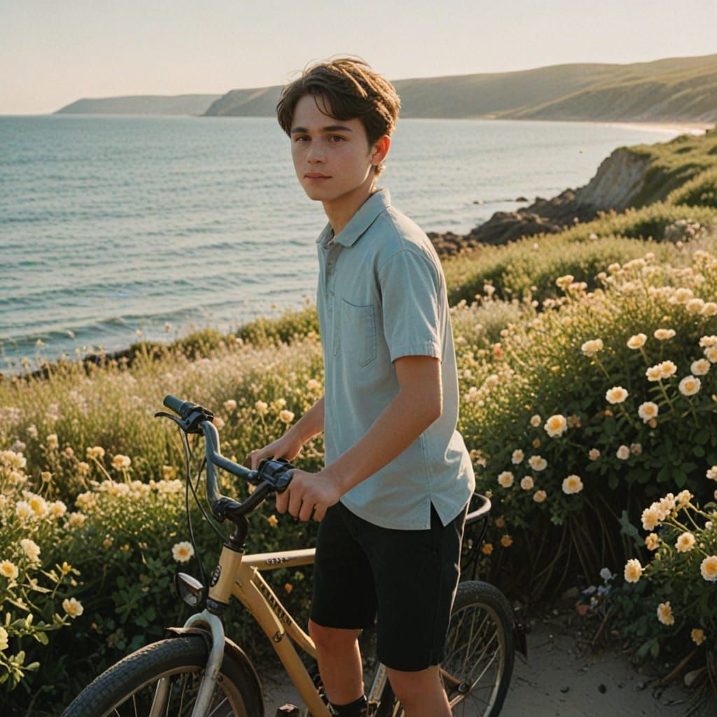 Ethereal Boy on Bicycle Basks in Golden Hour by the Sea
