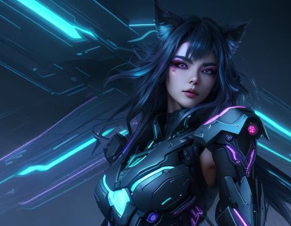 Cyberpunk Cyborg Wolf Girl in Neon Cityscape