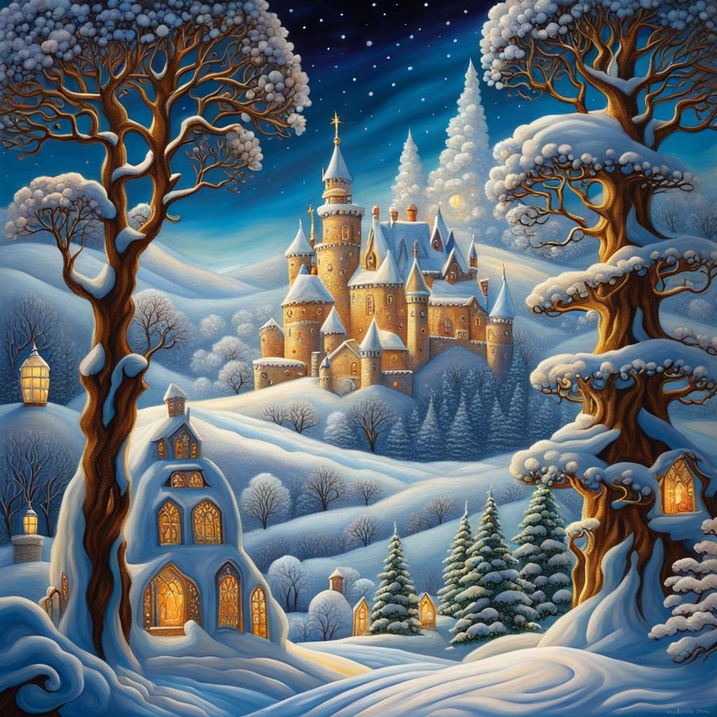 Glittery Winter Castle Landscape in Dreamlike Style