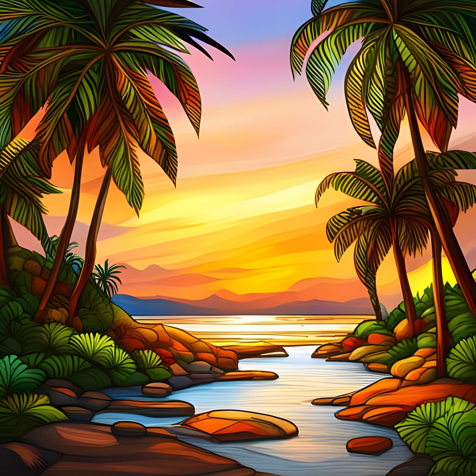 Stained Glass Beach Scene at Sunset