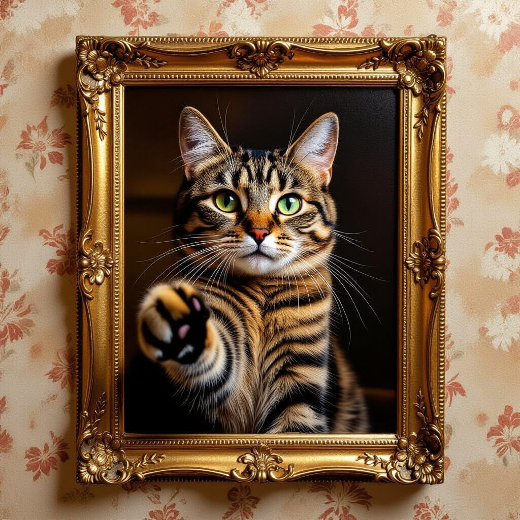 Photorealistic Cat Reaches Out From Vintage Frame