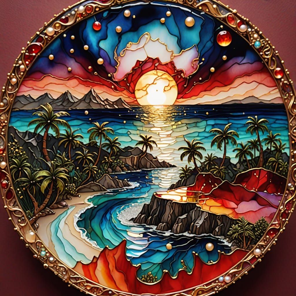 Iridescent Blood Moon Over Tropical Island, 3D Render