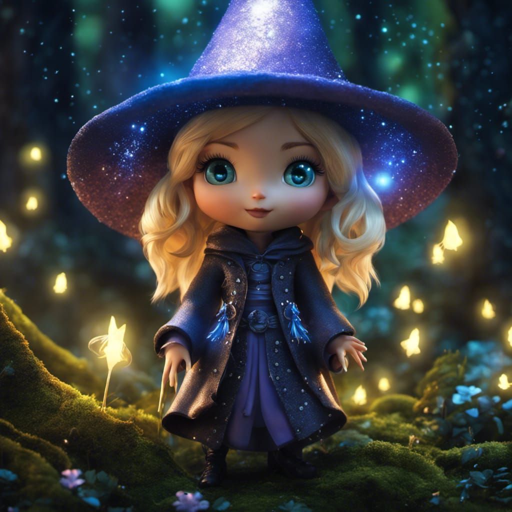 chibi witch in a bioluminescence forrest