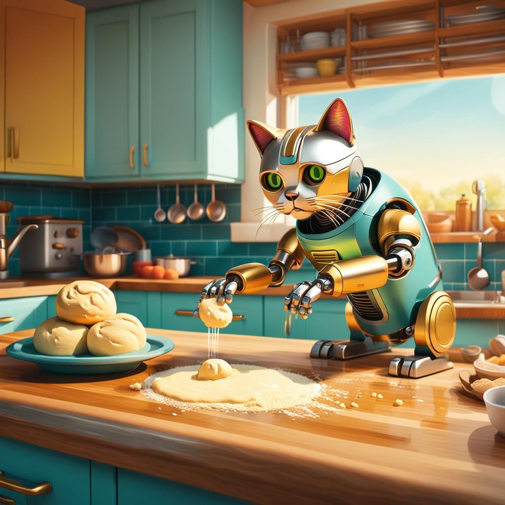 Whimsical Sci-Fi Robot Cat in a Kitchen of Earthy Tones