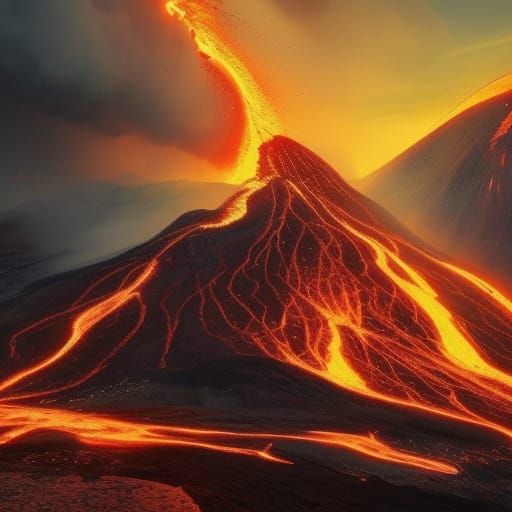 Volcanoes erupting over the mountains, molten lava spewing i...