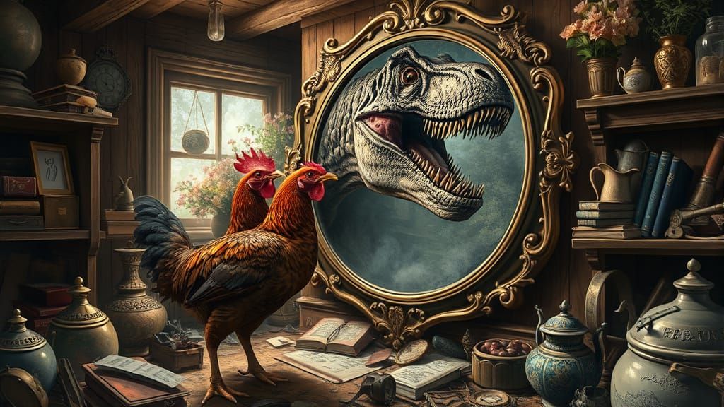 Hen Stares into Mirror Reflecting Tyrannosaurus Rex