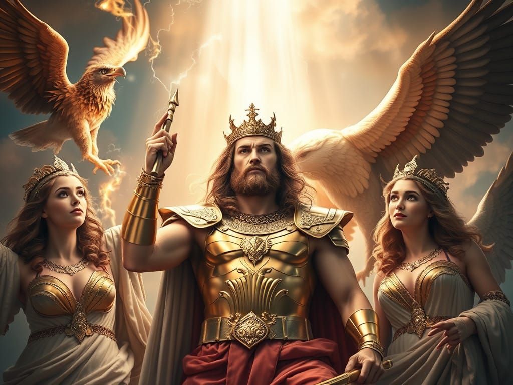 Golden King of Olympus Reigns Supreme Amidst Radiant Goddess...