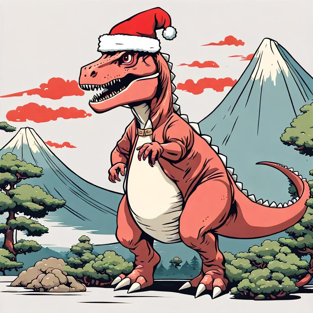 Dinosaur Santa in Ukiyo-e Vector Art