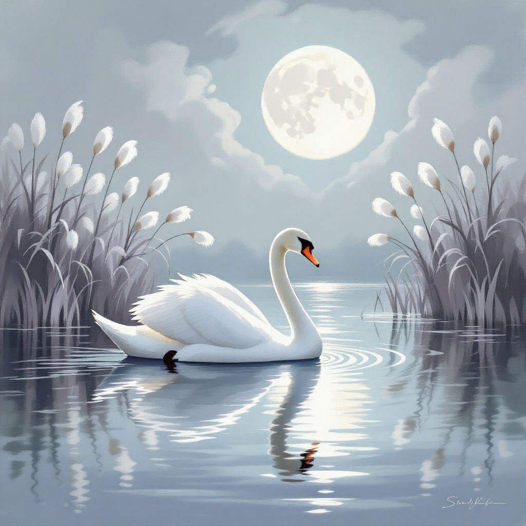 White Swan on Moonlit Lake in Impressionistic Style