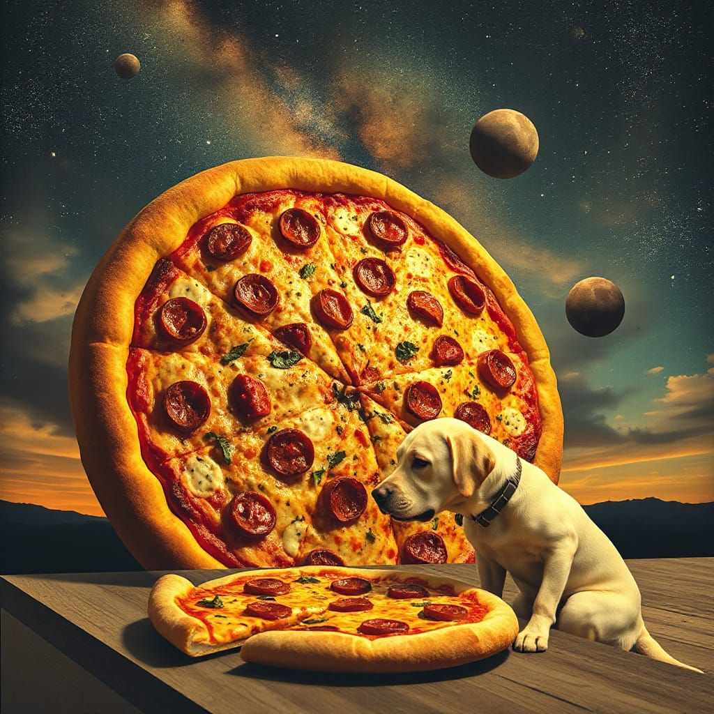 Galactic Pizza Bitten by Dog, Surreal Art