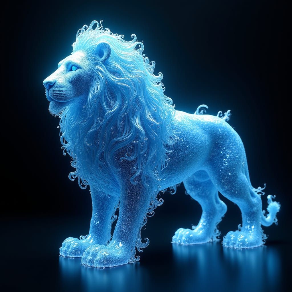 Majestic Lion of Iridescent Light and Flame in Cyberpunk Sty...