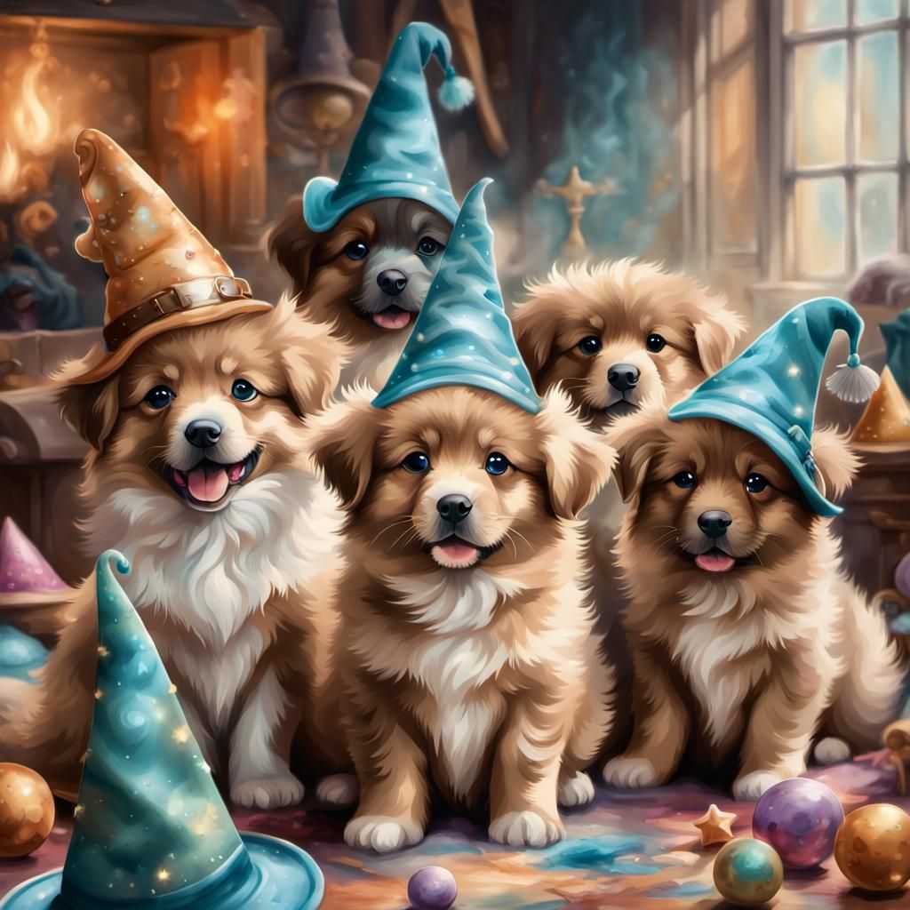 Cute Puppies in Wizard Hats: Watercolor Art