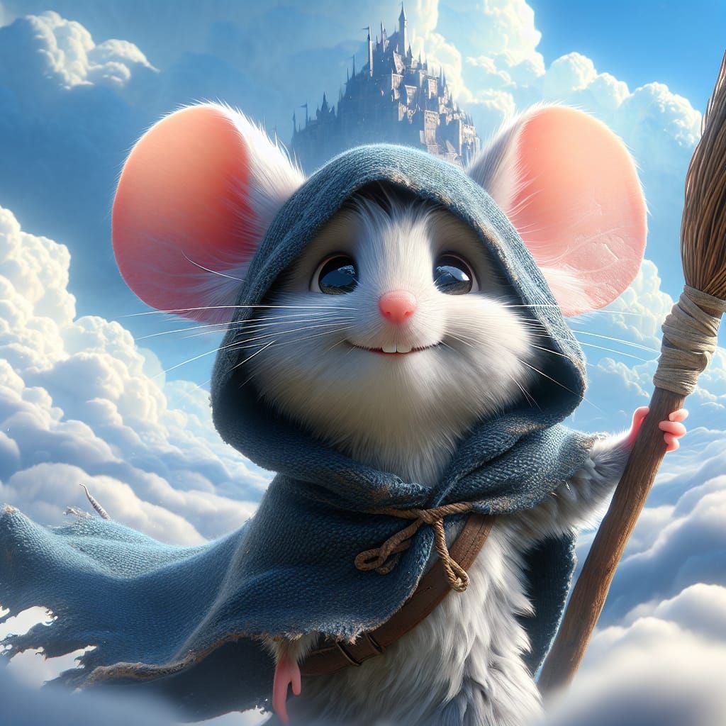 A Mouse in Medieval Attire Flies His Mage's Broom Over a Cas...