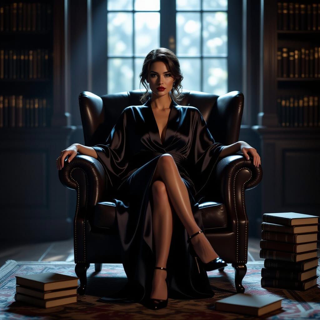 Solitary Woman in Dim Library, Chiaroscuro Lighting