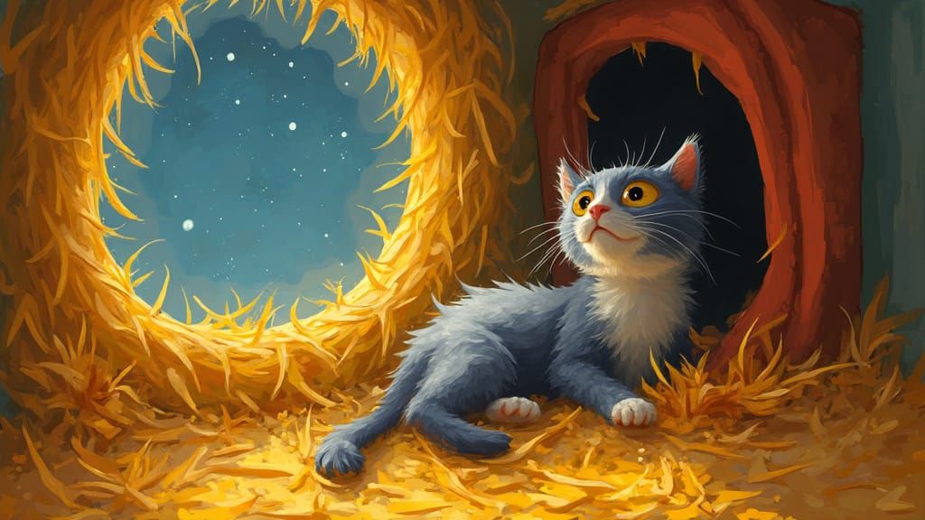 Whimsical Cat Gazes at Stars in Surreal Cubist Hayloft