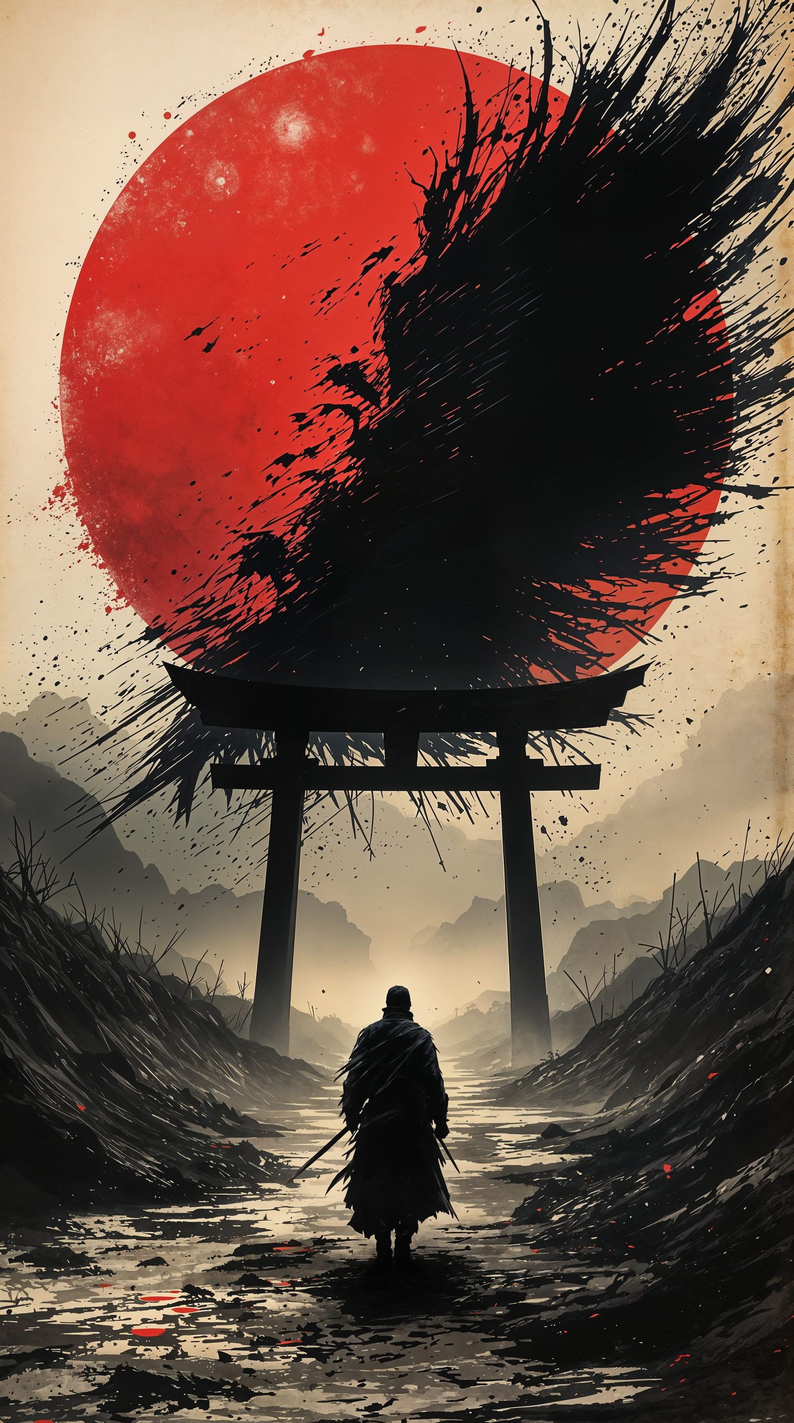 Epic Samurai's Journey in Traditional Japanese Art Style