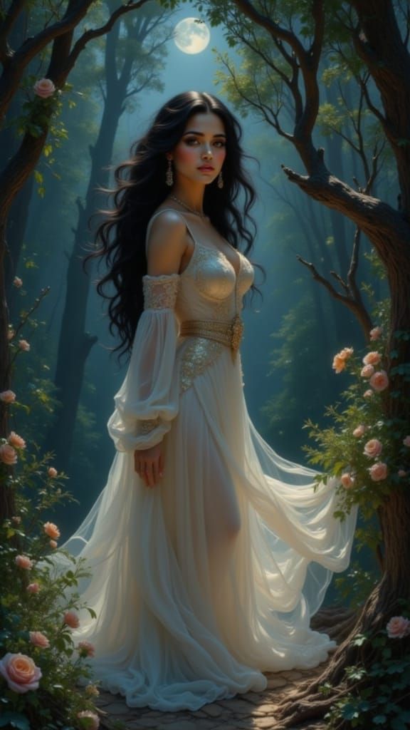 Celestial Sephardic Woman in Moonlit Forest
