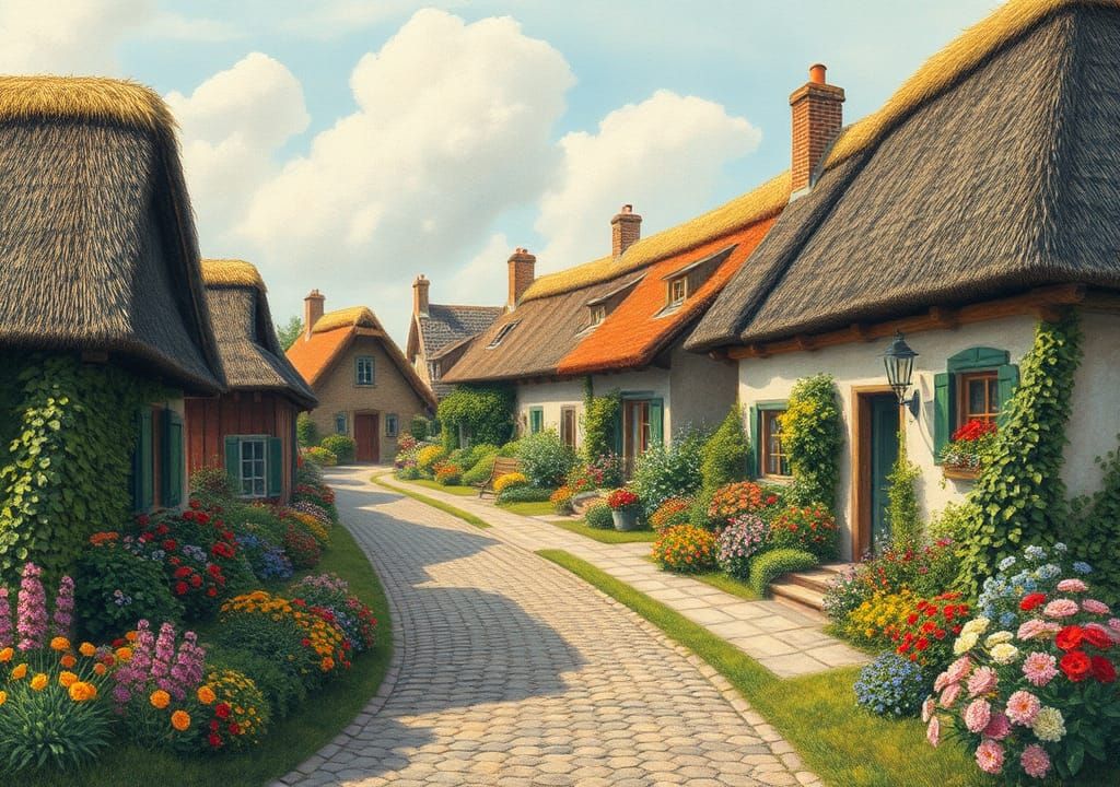 Charming Thatched Houses in a Colorful Village Street