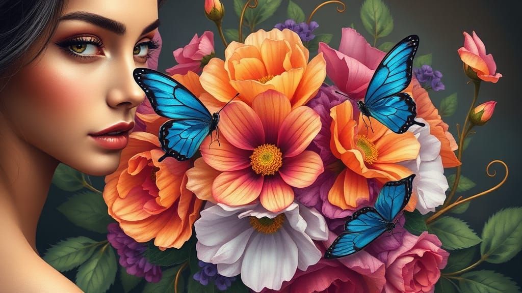Beautiful Woman with Flowers and Butterfly in Dreamy Style