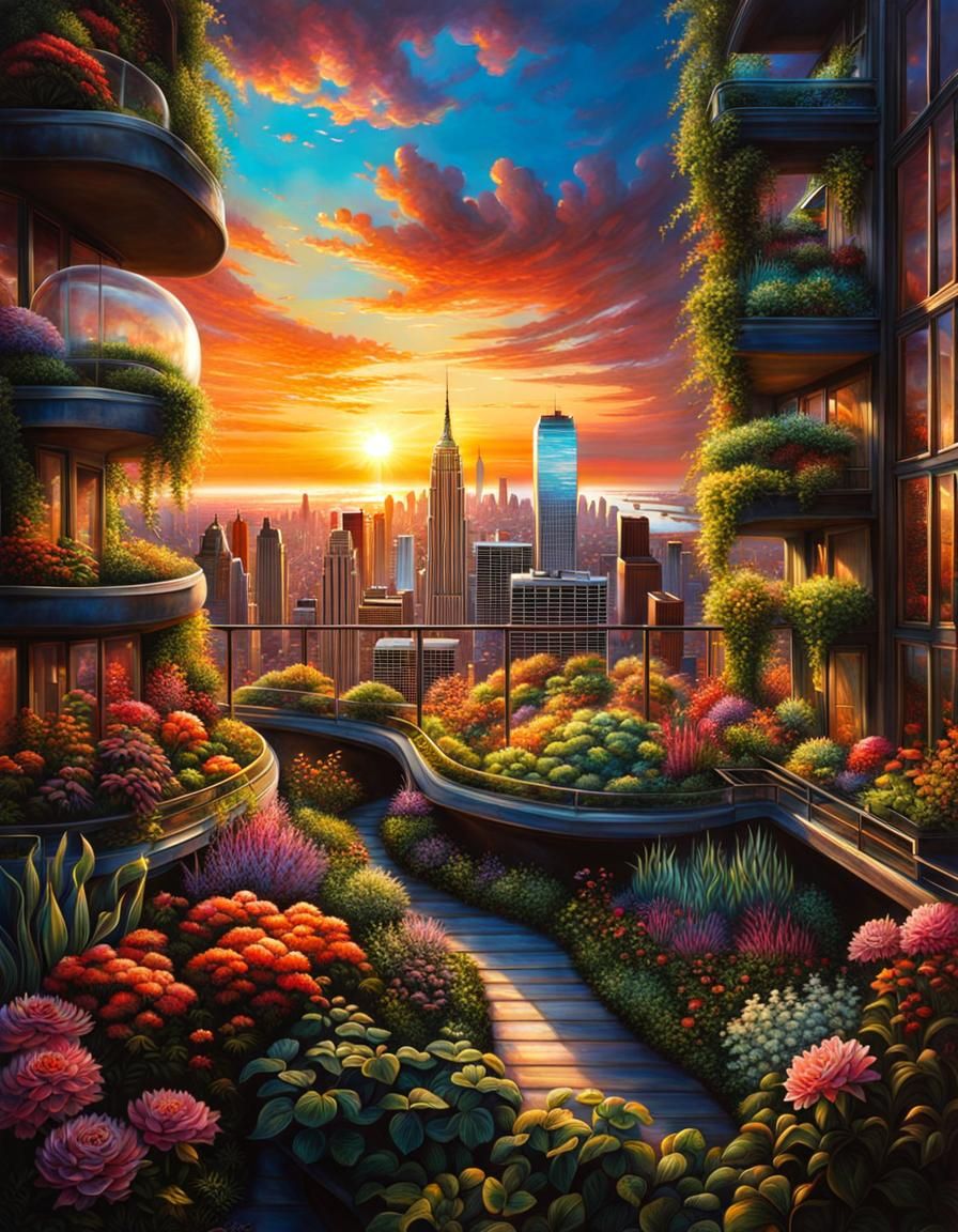 Colorful Sunrise Over Solarpunk Urban Garden