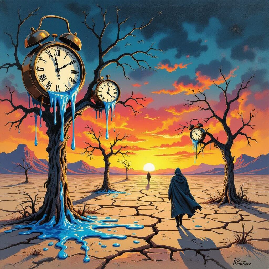 Surreal Melting Clocks Drip from Skeletal Trees
