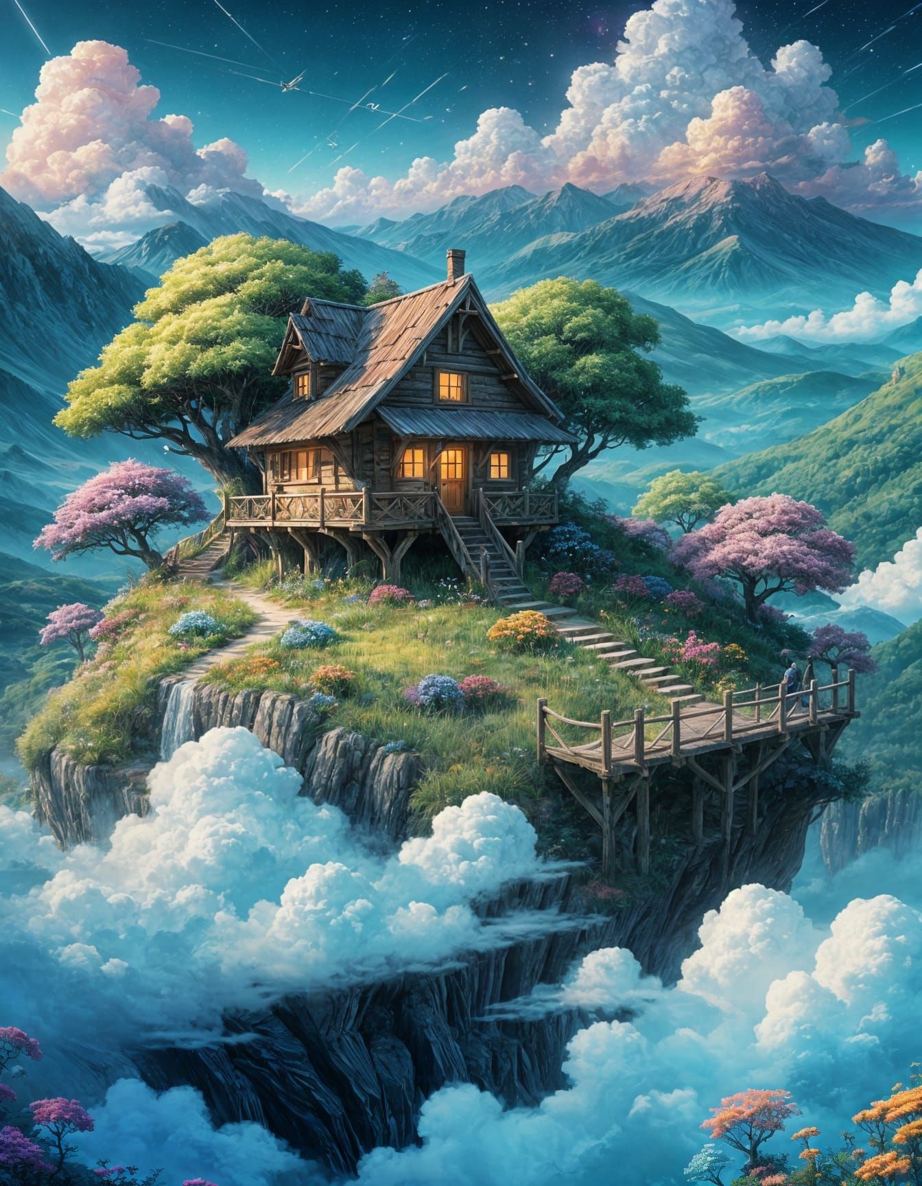 Whimsical Fantasy Landscape with Hut and Treehouse