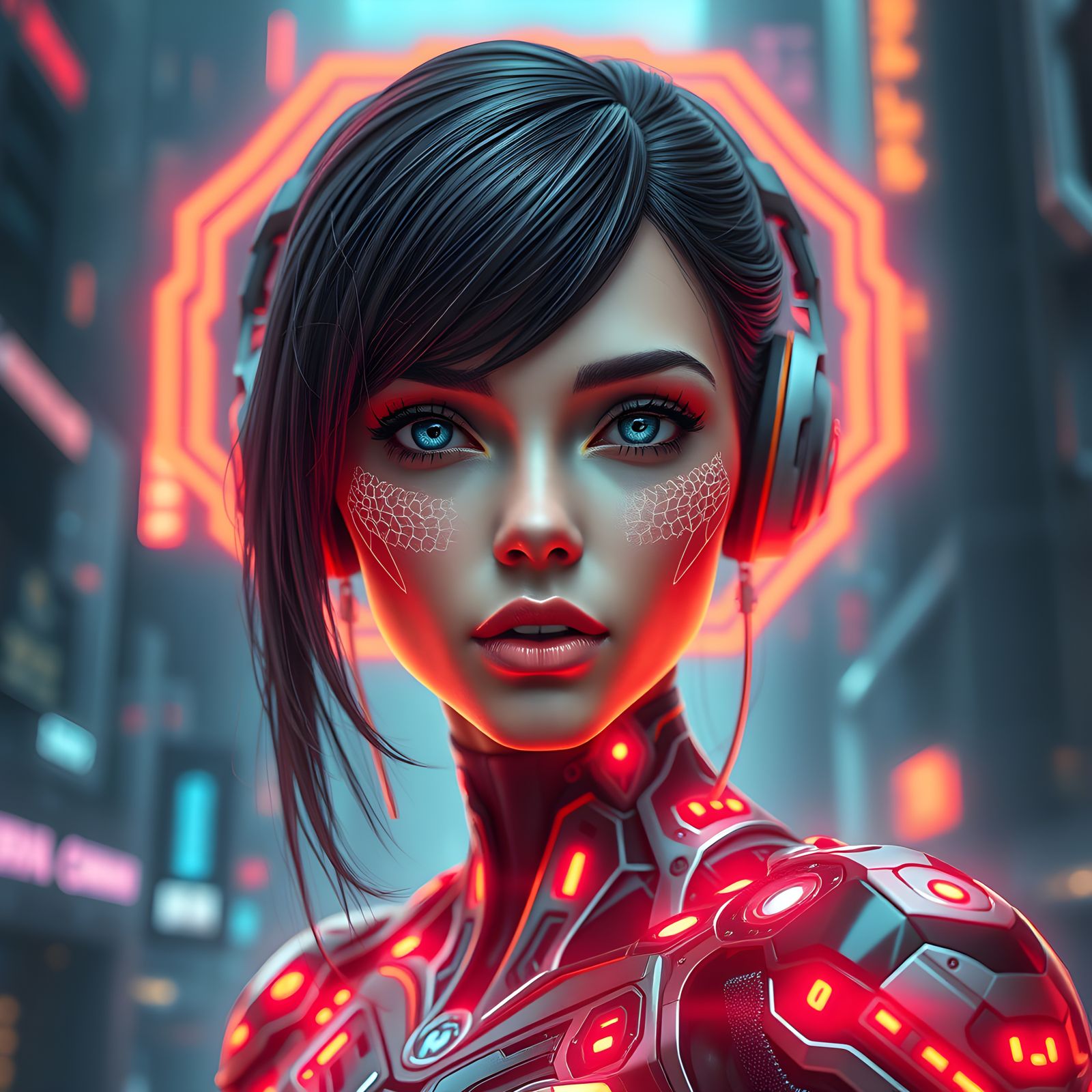 Cyborg Girl in Surreal Futuristic City, 3D Render