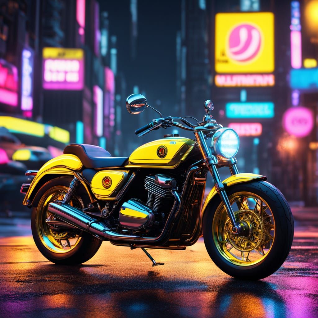 1969-Style Motorcycle with Pac-Man Details in Neon Night