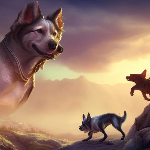 Many Dogs in Detailed Matte Painting Style