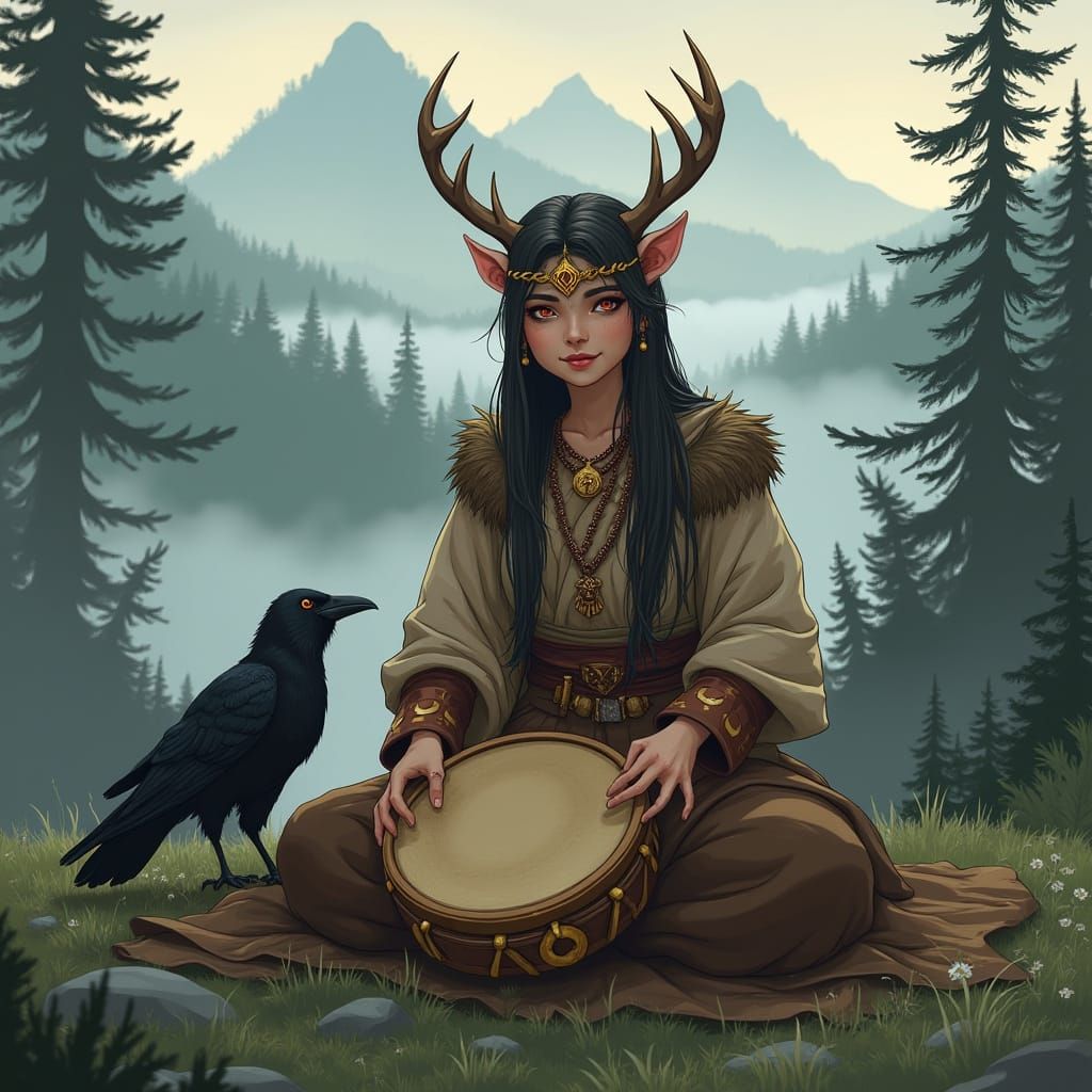 Mystical Tiefling Shaman in Altay Mountains, Anime Style