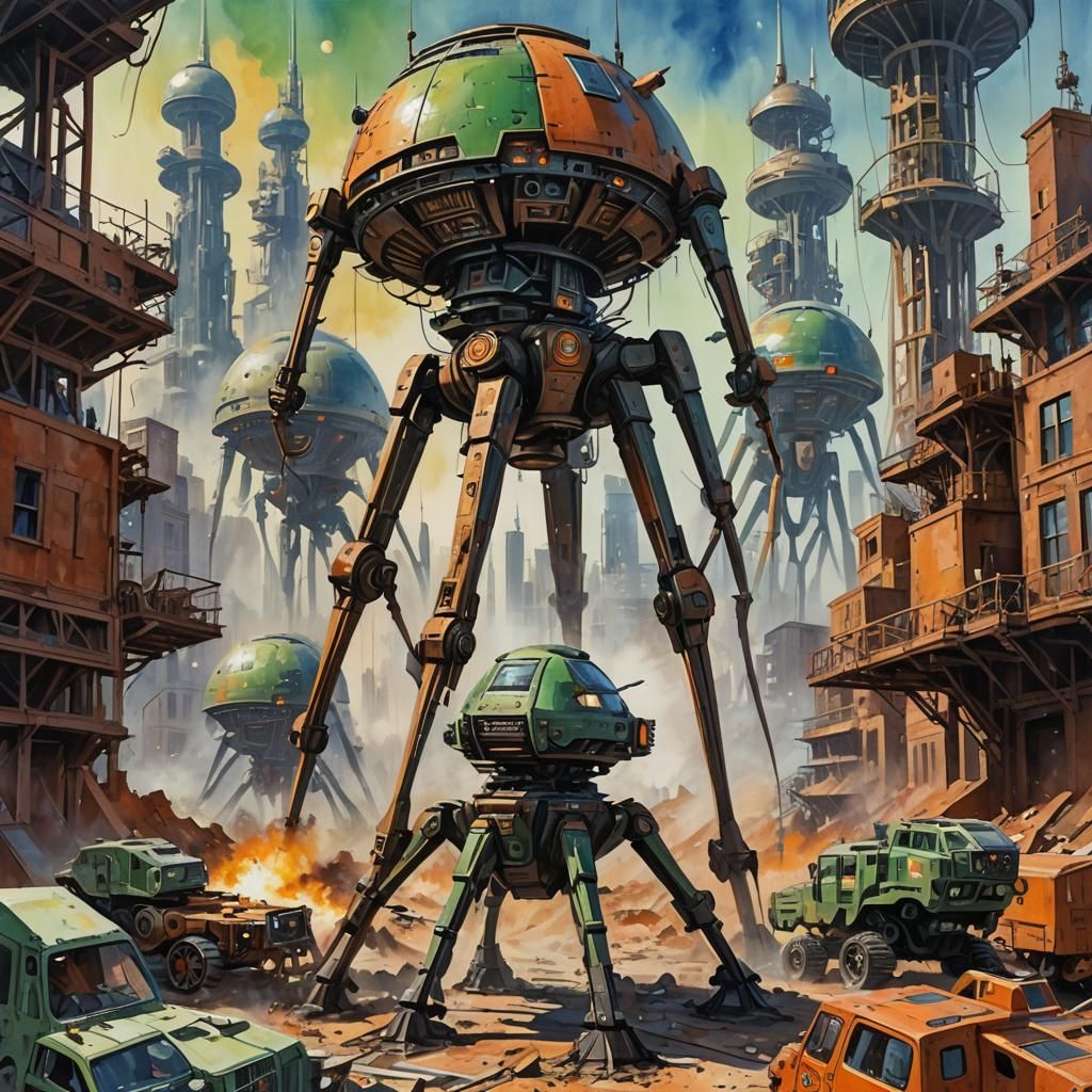Martian Tripods Dominate City in Gouache and Watercolor