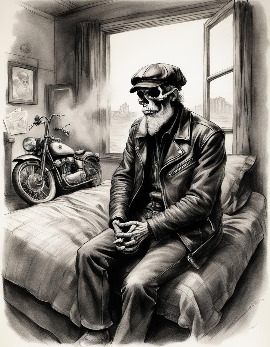 Gritty Sketch of Elderly Biker in Smoky Room