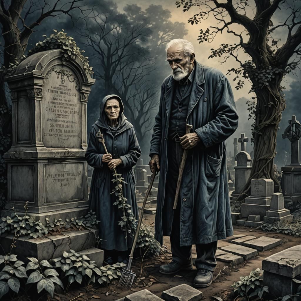 Melancholic Charcoal Drawing: Old Man and Death