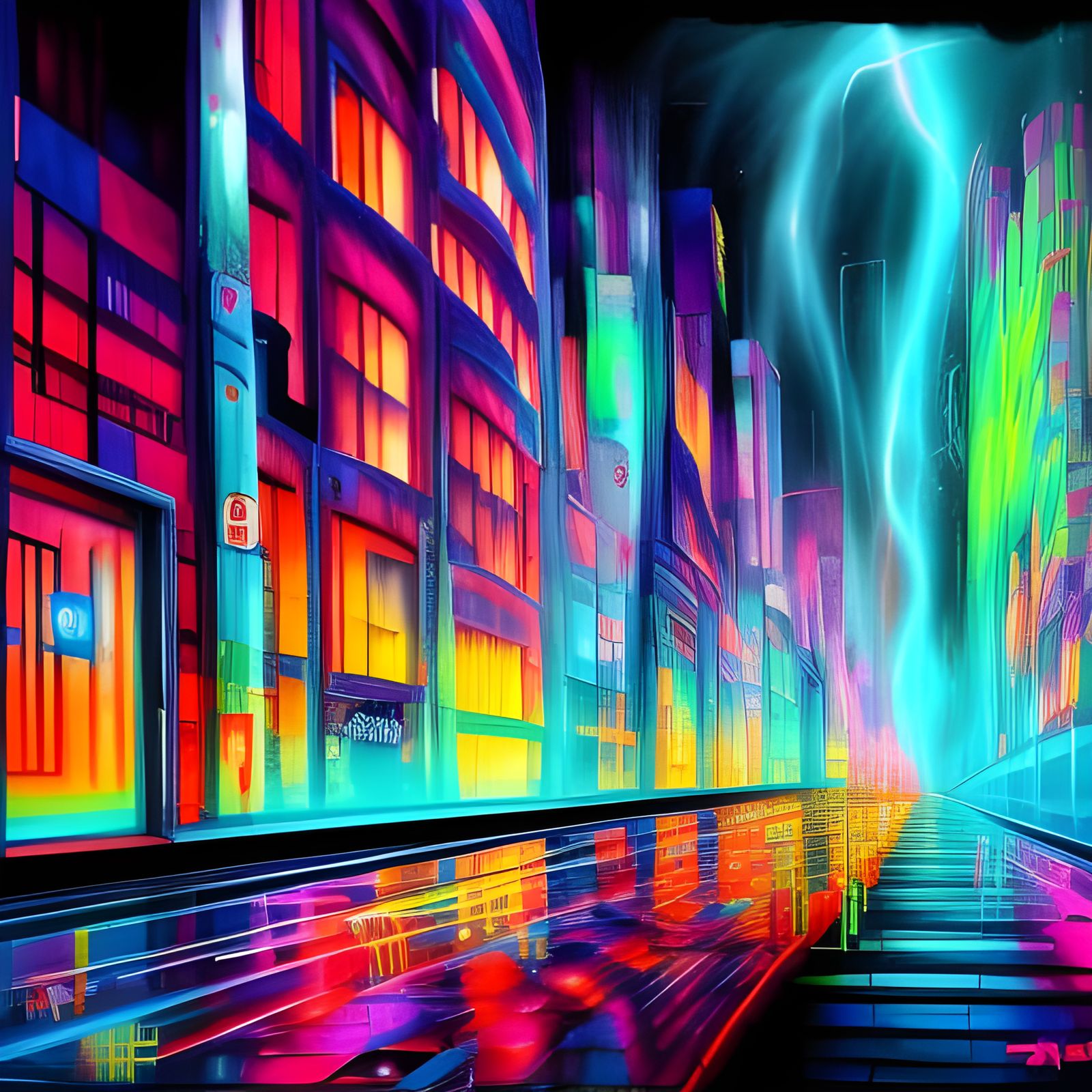 Neon Futuristic City in Thunderstorm: Graffiti Art