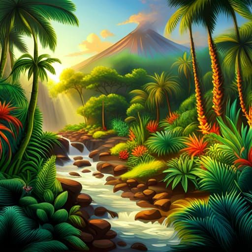 Tropical Rainforest with Volcano