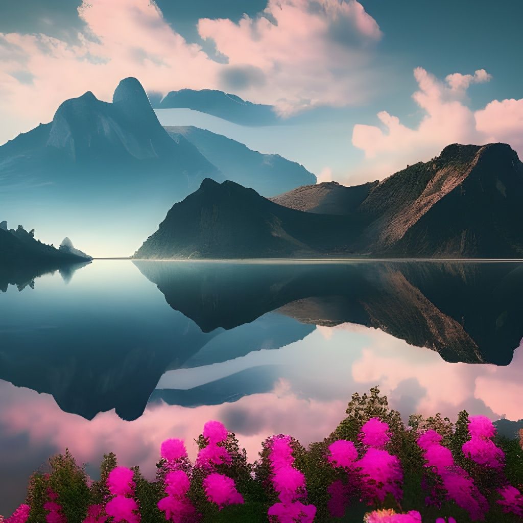 Picturesque Mountain Lake Reflecting Floral Landscape