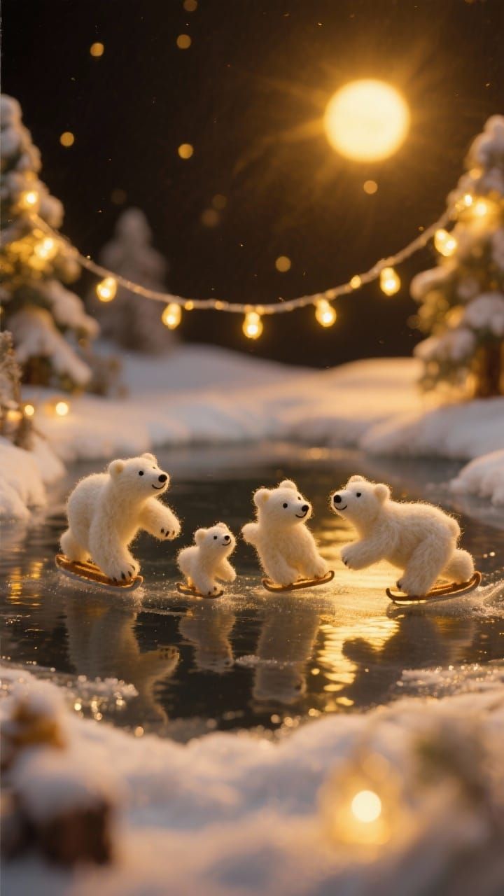 Felted Polar Bear Family on Frozen Lake in Winter Sun