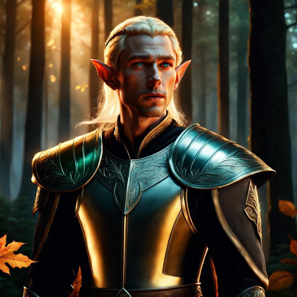 Hyperrealistic Blonde Elf King in Magical Forest