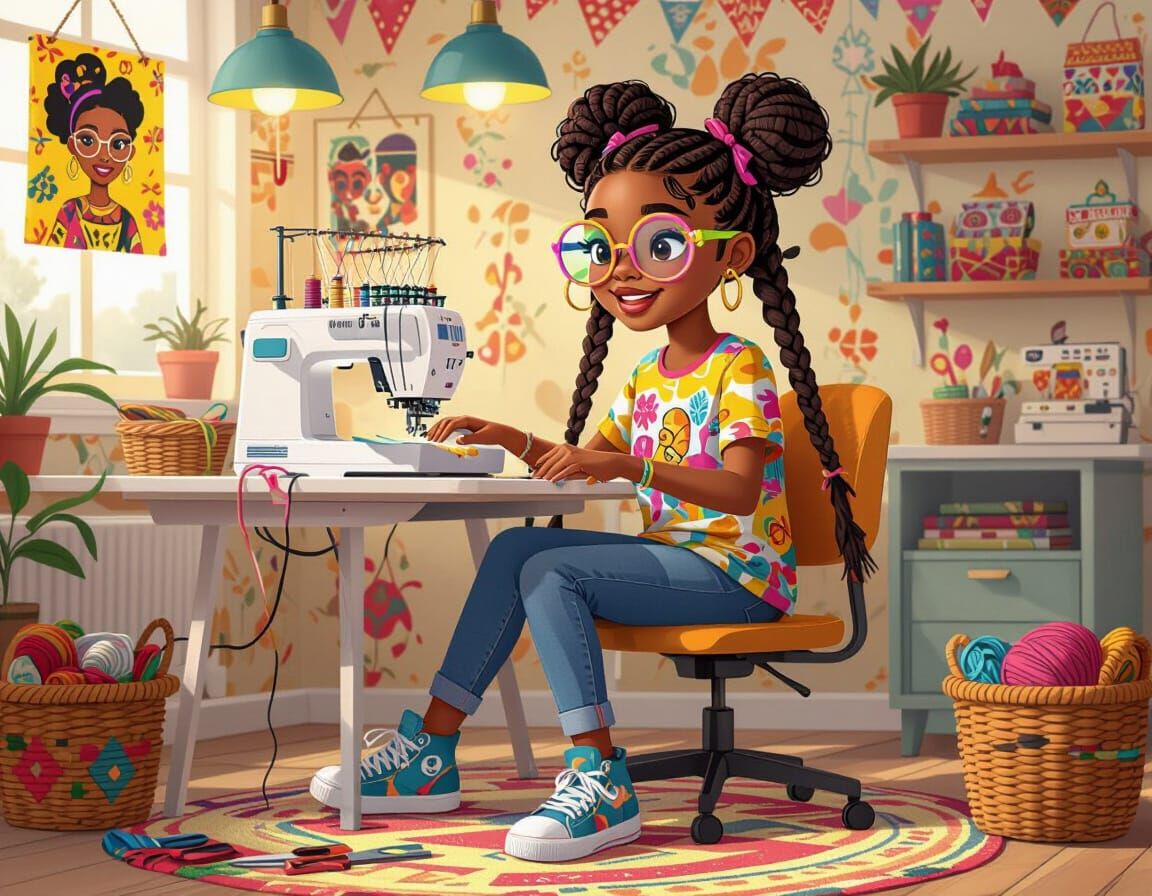 Cartoon Portrait: Teenage Girl Embroidering in Fantasy Style