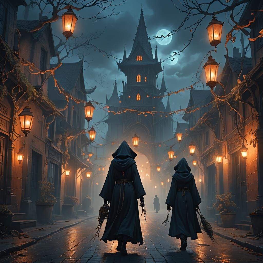 Eerie Nightscape: Witch on Misty Street
