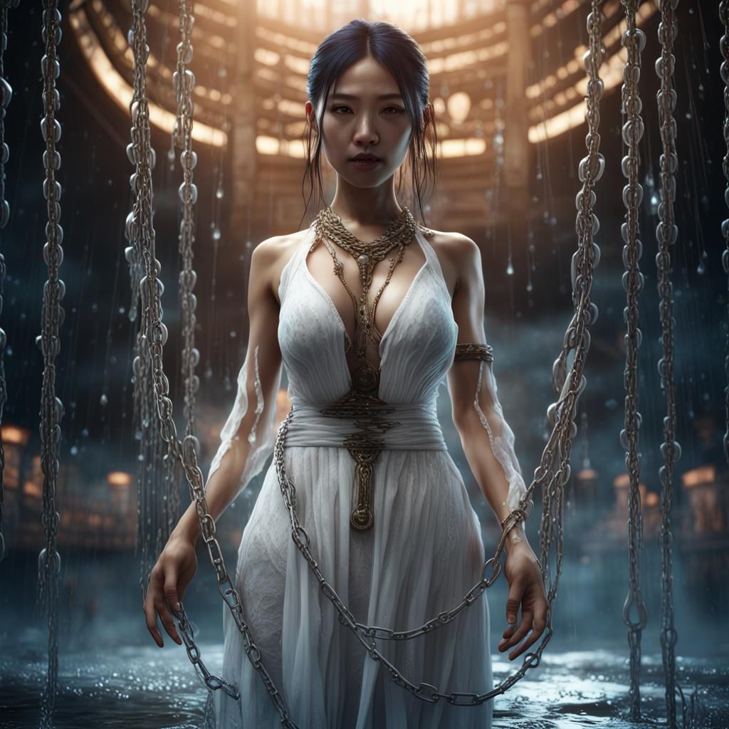 Captivating Asian Woman in Chains, Detailed Matte Painting